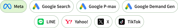 対応媒体：Meta、Google Search、Google P-max、Google Demand Gen、LINE、Yahoo!、X、TikTok